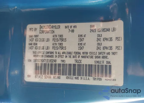 2001 Dodge Dakota Slt/Sport from USA, damaged, VIN 1B7GG26X71S103240